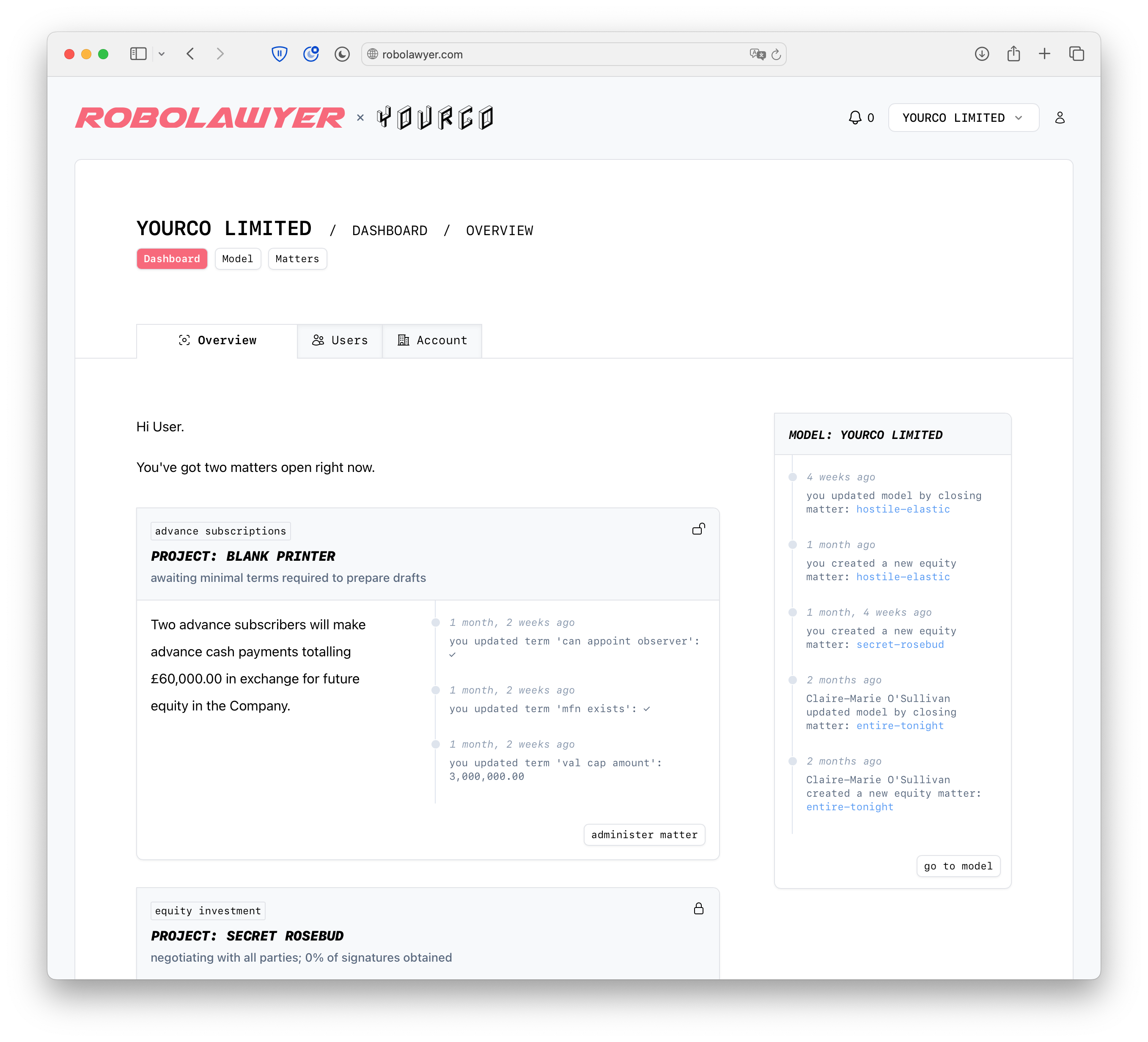Robolawyer dashboard screenshot
